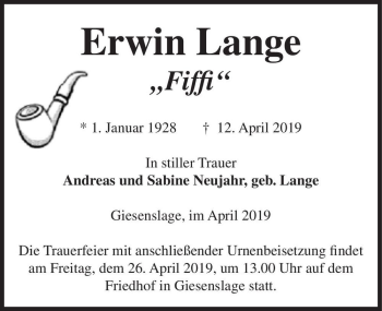 Traueranzeige von Erwin Lange 