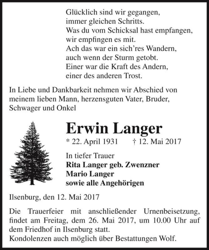  Traueranzeige für Erwin Langer  vom 17.05.2017 aus Magdeburger Volksstimme