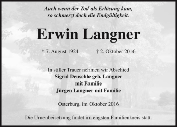 Traueranzeige von Erwin Langner  von Magdeburger Volksstimme