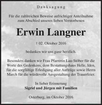 Traueranzeige von Erwin Langner  von Magdeburger Volksstimme
