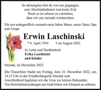 Traueranzeige von Erwin Laschinski  von Magdeburger Volksstimme