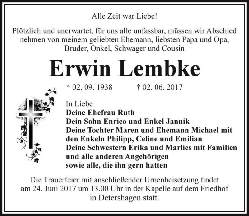  Traueranzeige für Erwin Lembke  vom 10.06.2017 aus Magdeburger Volksstimme