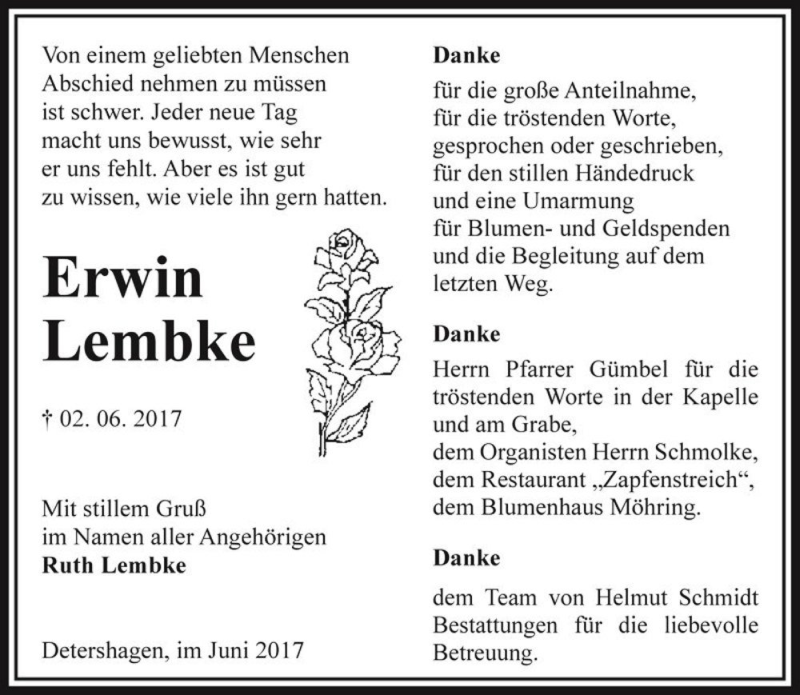  Traueranzeige für Erwin Lembke  vom 01.07.2017 aus Magdeburger Volksstimme