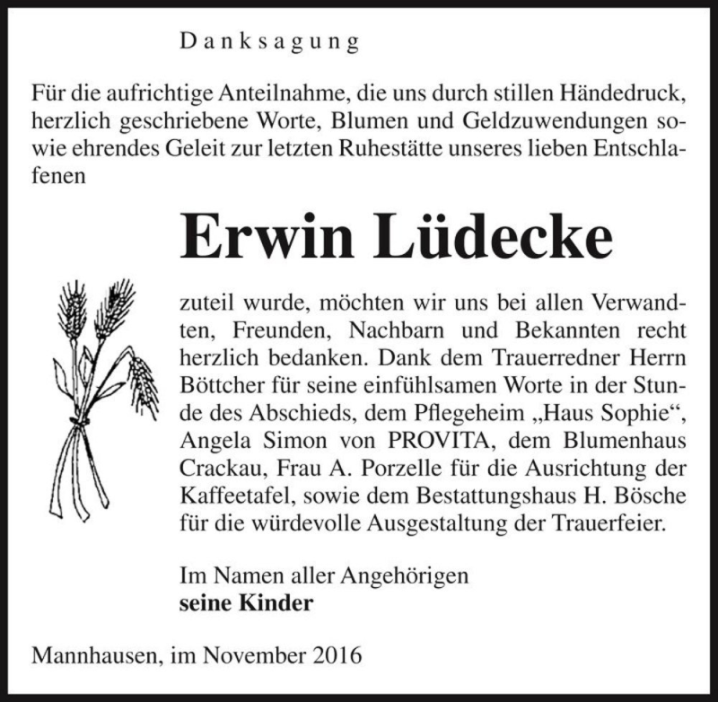 Traueranzeige für Erwin Lüdecke  vom 21.11.2016 aus Magdeburger Volksstimme