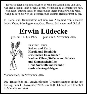Traueranzeige von Erwin Lüdecke  von Magdeburger Volksstimme