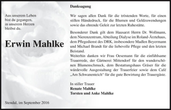 Traueranzeige von Erwin Mahlke  von Magdeburger Volksstimme
