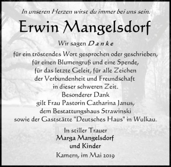 Traueranzeige von Erwin Mangelsdorf  von Magdeburger Volksstimme