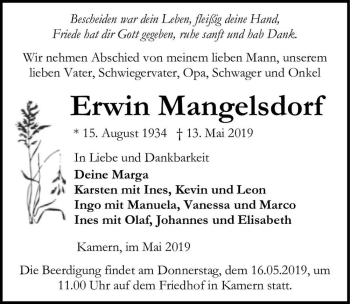 Traueranzeige von Erwin Mangelsdorf  von Magdeburger Volksstimme