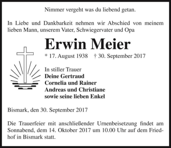 Traueranzeige von Erwin Meier  von Magdeburger Volksstimme