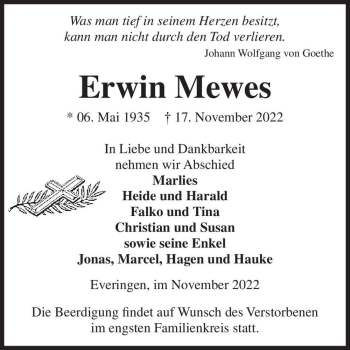 Traueranzeige von Erwin Mewes  von Magdeburger Volksstimme