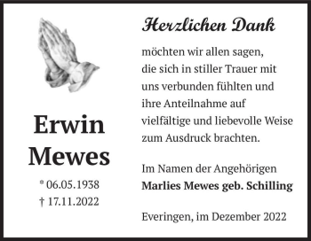 Traueranzeige von Erwin Mewes  von Magdeburger Volksstimme