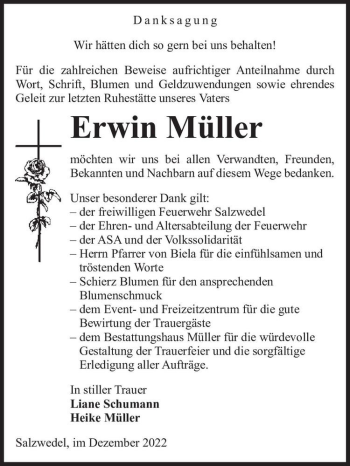 Traueranzeige von Erwin Müller  von Magdeburger Volksstimme