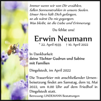 Traueranzeige von Erwin Neumann  von Magdeburger Volksstimme