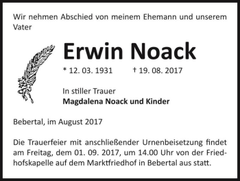 Traueranzeige von Erwin Noack  von Magdeburger Volksstimme