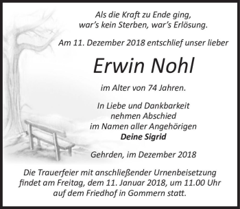 Traueranzeige von Erwin Nohl  von Magdeburger Volksstimme