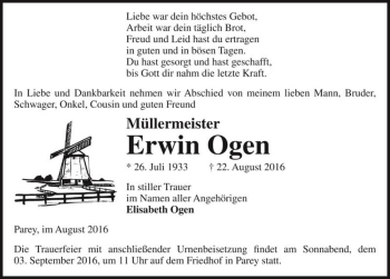 Traueranzeige von Erwin Ogen  von Magdeburger Volksstimme