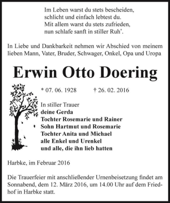 Traueranzeige von Erwin Otto Doering  von Magdeburger Volksstimme