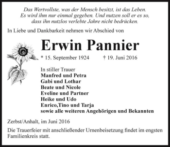Traueranzeige von Erwin Pannier  von Magdeburger Volksstimme