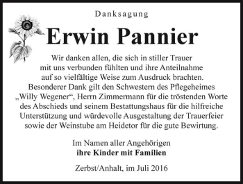Traueranzeige von Erwin Pannier  von Magdeburger Volksstimme