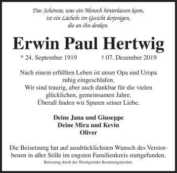 Traueranzeige von Erwin Paul Hertiwg  von Magdeburger Volksstimme