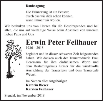 Traueranzeige von Erwin Peter Feilhauer  von Magdeburger Volksstimme