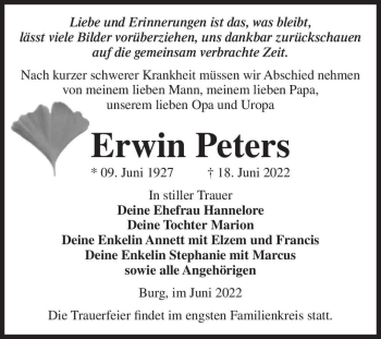 Traueranzeige von Erwin Peters  von Magdeburger Volksstimme