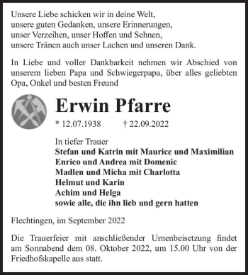 Traueranzeige von Erwin Pfarre  von Magdeburger Volksstimme
