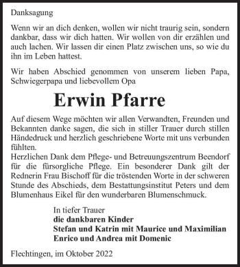 Traueranzeige von Erwin Pfarre  von Magdeburger Volksstimme