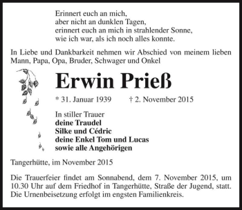 Traueranzeige von Erwin Prieß  von Magdeburger Volksstimme