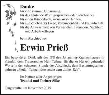 Traueranzeige von Erwin Prieß  von Magdeburger Volksstimme