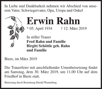Traueranzeige von Erwin Rahn  von Magdeburger Volksstimme
