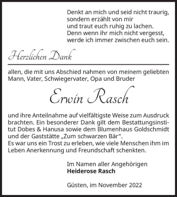Traueranzeige von Erwin Rasch  von Magdeburger Volksstimme