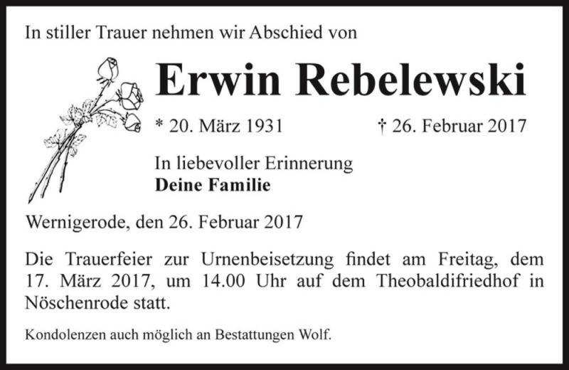  Traueranzeige für Erwin Rebelewski  vom 04.03.2017 aus Magdeburger Volksstimme