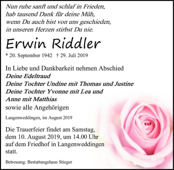 Traueranzeige von Erwin Riddler  von Magdeburger Volksstimme