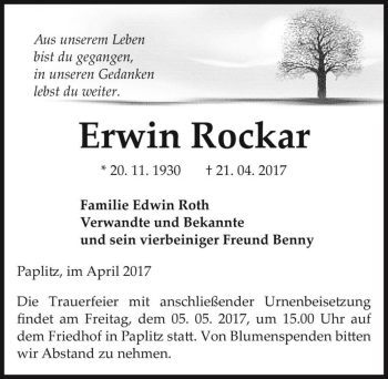 Traueranzeige von Erwin Rockar  von Magdeburger Volksstimme