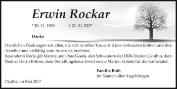 Traueranzeige von Erwin Rockar  von Magdeburger Volksstimme