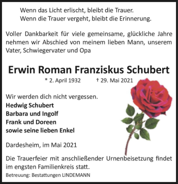 Traueranzeige von Erwin Roman Franziskus Schubert  von Magdeburger Volksstimme