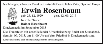 Traueranzeige von Erwin Rosenbaum  von Magdeburger Volksstimme