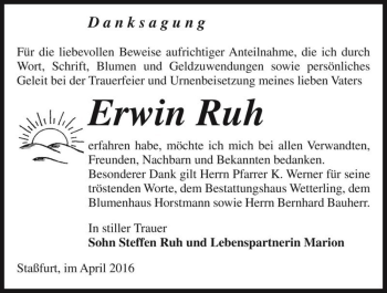 Traueranzeige von Erwin Ruh  von Magdeburger Volksstimme