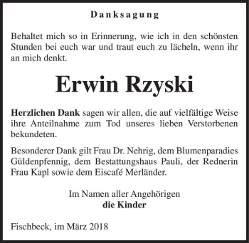Traueranzeige von Erwin Rzyski  von Magdeburger Volksstimme