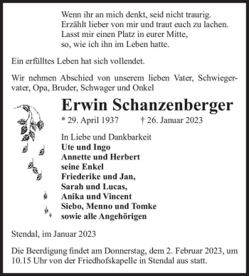 Traueranzeige von Erwin Schanzenberger  von Magdeburger Volksstimme