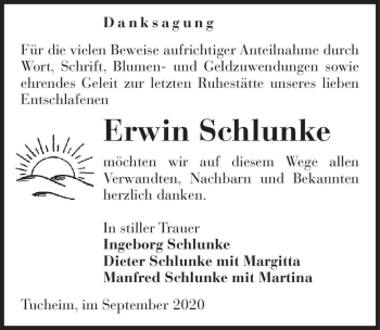 Traueranzeige von Erwin Schlunke  von Magdeburger Volksstimme