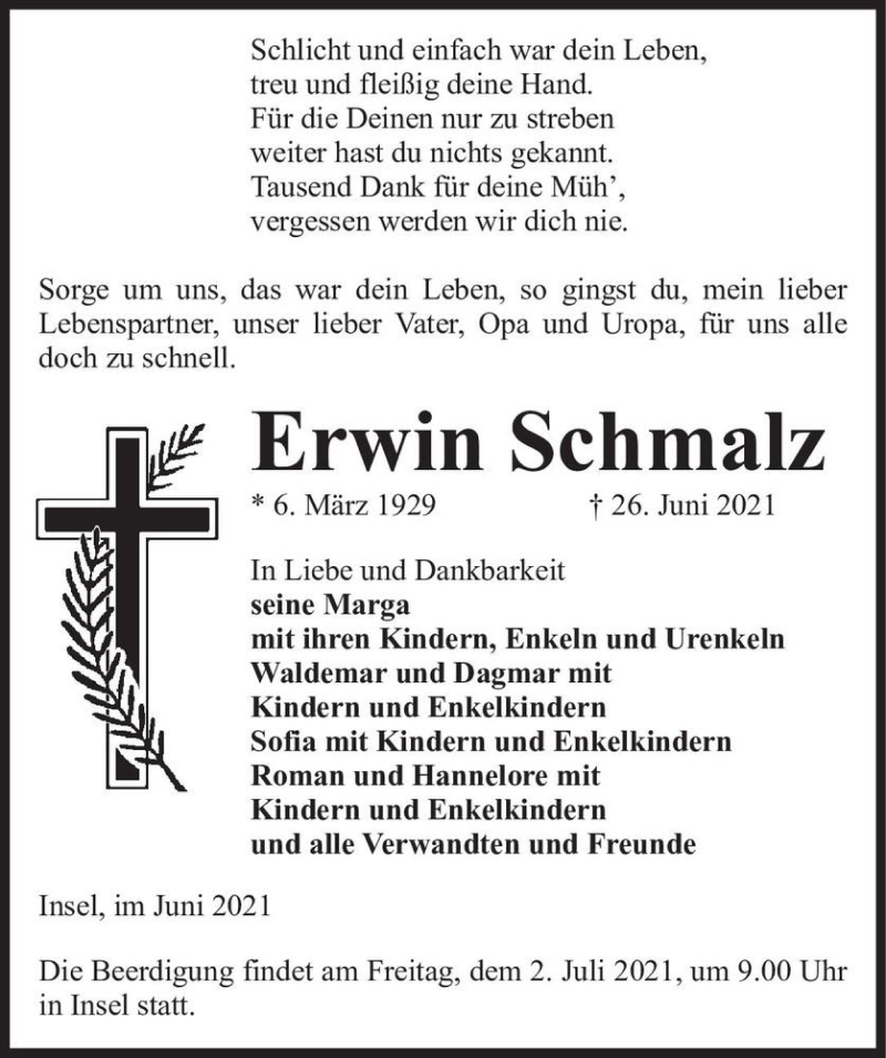  Traueranzeige für Erwin Schmalz  vom 30.06.2021 aus Magdeburger Volksstimme