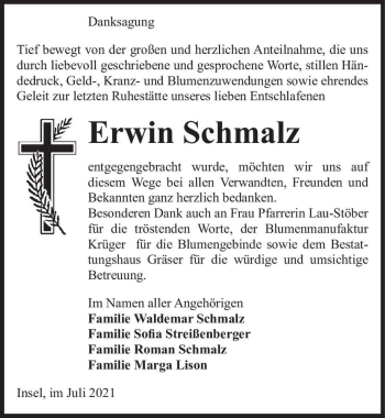 Traueranzeige von Erwin Schmalz  von Magdeburger Volksstimme