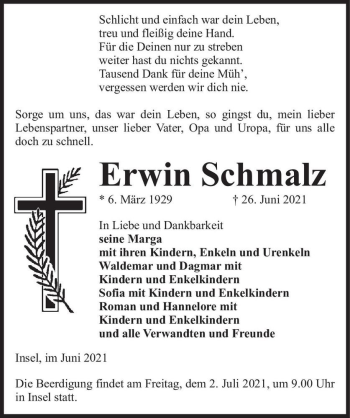 Traueranzeige von Erwin Schmalz  von Magdeburger Volksstimme