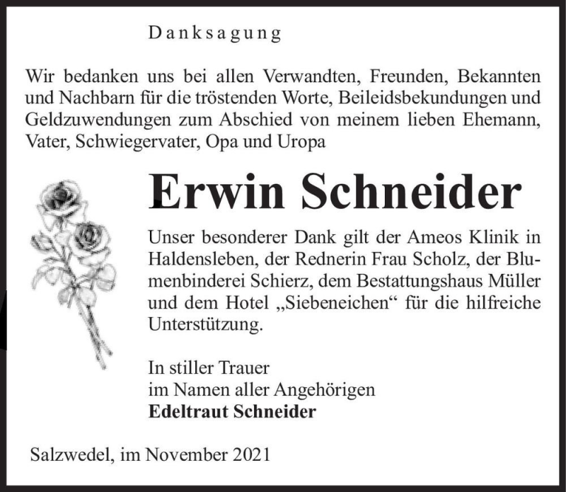  Traueranzeige für Erwin Schneider  vom 03.12.2021 aus Magdeburger Volksstimme
