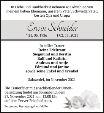 Traueranzeige von Erwin Schneider  von Magdeburger Volksstimme
