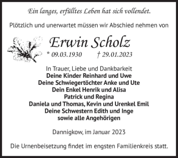 Traueranzeige von Erwin Scholz  von Magdeburger Volksstimme