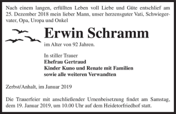 Traueranzeige von Erwin Schramm  von Magdeburger Volksstimme