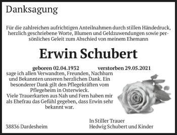 Traueranzeige von Erwin Schubert  von Magdeburger Volksstimme